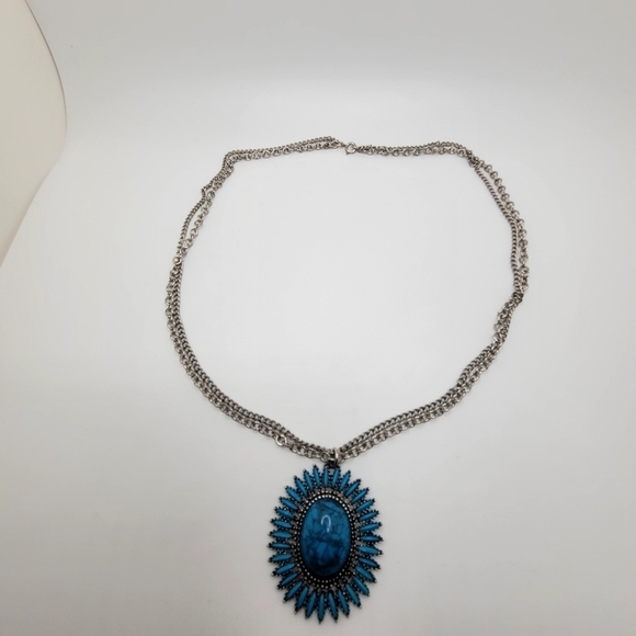 ESilver Medallion Necklace Crown Long Faux Turquoise - Picture 1 of 5